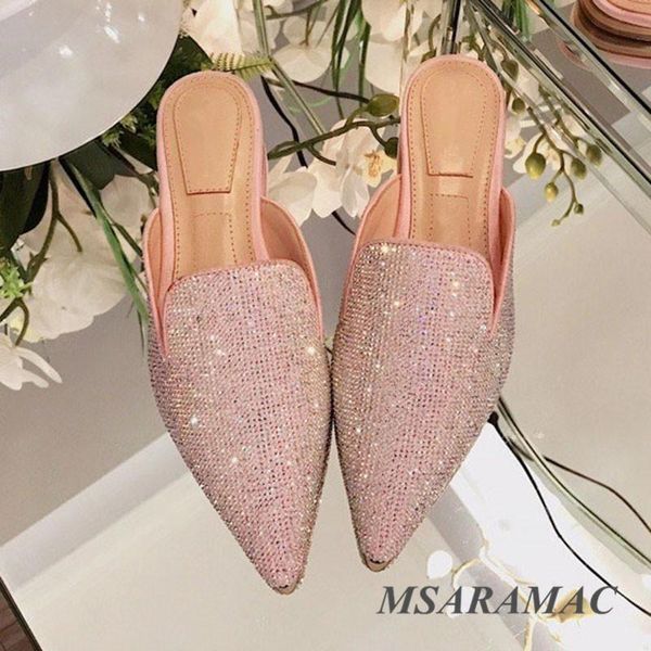 

summer pointed toe shiny rhinestone slippers fashion leather lining breathable flat shoes luxury ladies mules, Black