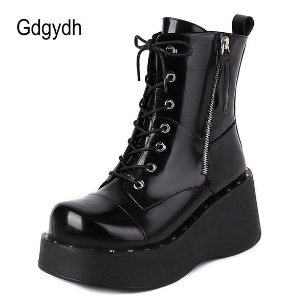 

boots gdgydh fashion rivet creepers platform shoes gothic women punk rock combat motorcycle side zipper plus size, Black