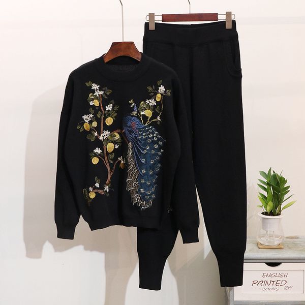 

women's tracksuits knitting sets winter fashion peacock embroidery knitted sweater + pants casual black g376 rlk6, Gray