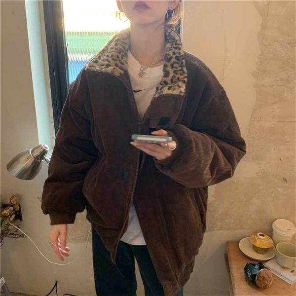 

alien kitty winter leopard patchwork women coat corduroy warm loose casual jacket female outwear elegant 211221, Black