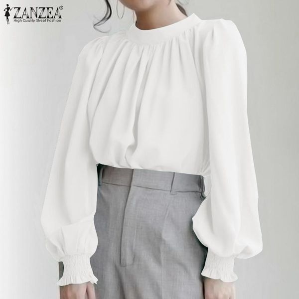

women's blouses & shirts elegant women casual lantern sleeve blouse back lace up work ol shirt tunic autumn smocking stitch chem, White