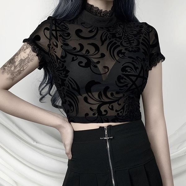 

women's t-shirt tees women gothic casual punk mesh transparent black tshirt summer streetwear goth top, White