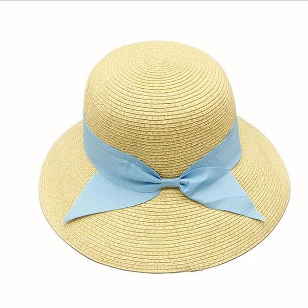 

stingy brim hats foldable sunscreen women's large eaves dome summer monochrome paper straw bucket for women fashion nice bowtie, Blue;gray