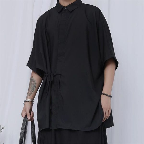

men's casual shirts short-sleeved shirt summer japanese lace-up fashion trend loose large size five sleeve, White;black