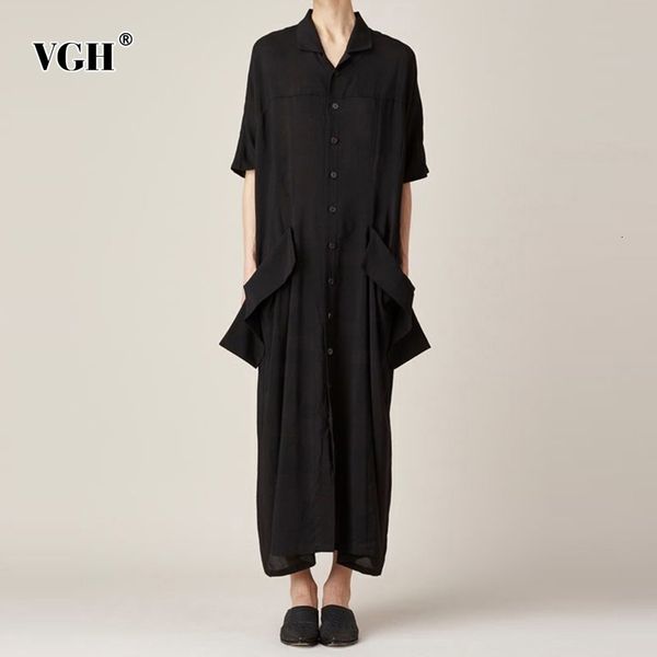 

vgh elegant black women summer dress shirt short sleeve loose big size pocket women's dresses clothes fashion casual 210421, Black;gray