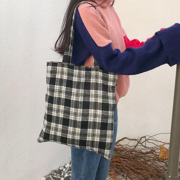

shopping bags black white woolen tartan eco tote shoulder bag student book cy0838