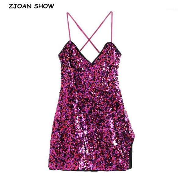 

pink color cross spaghetti strap sequins dress women short sling backless slit party dresses casual, Black;gray
