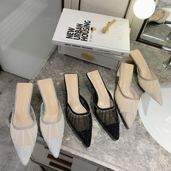 

glitter slides slippers women summer cover toe shoes med thin heels female mule lace fashion jelly pointed mules luxury crystal, Black