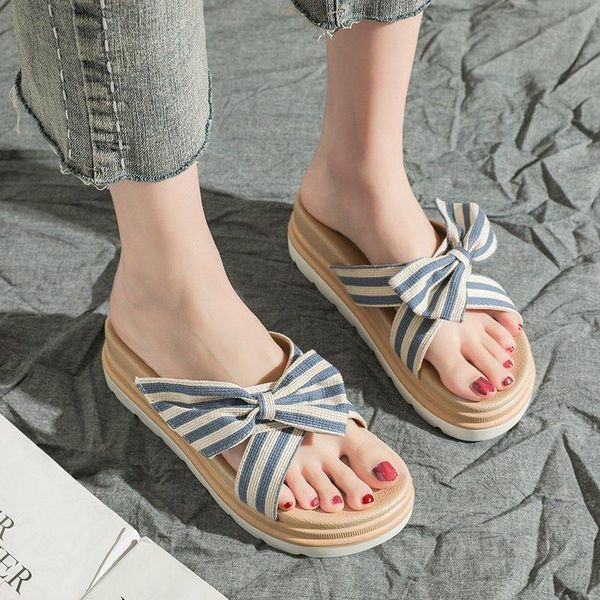 

slippers bow platform sandals women thick sole summer stripe cloth open toe chunky slides zapatos mujer, Black