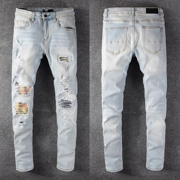 

men's jeans 2021 fashion brand high street woman men slim high-profile elastic waist stretch skinny #637, Blue