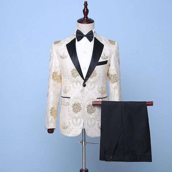 

korean suit for autumn four seasons banquet host's slim jacquard flat lapel performance dress men's suits & blazers, White;black