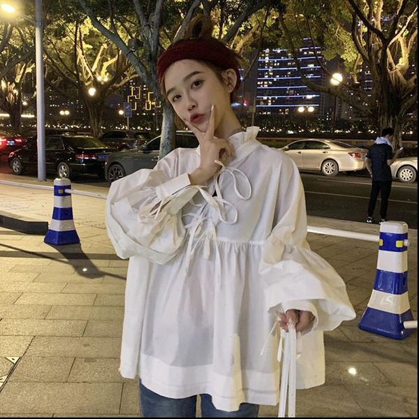 

[ewq] spring summer women shirts long sleeve band bow white casual shirt south korea peter collar plus size ladies blouse