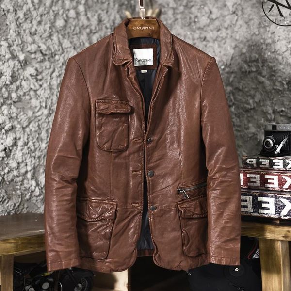 

men's leather & faux brown suit vintage wrinkle sheepskin smart casual blazer men slim fit short pockets genuine jacket male, Black