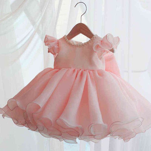 2021 Rosa Vestido de Chlid Beading Primeiro Vestido de Aniversário para Bebé Cerimônia Bola Vestido Bola Curva Princesa Vestidos De Casamento Vestidos G1129