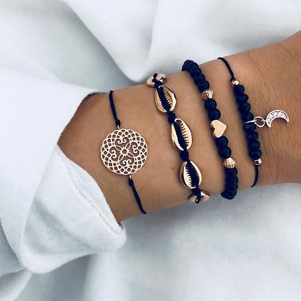 

link, chain 4 pcs/set black bracelets sets gold metal shell hollow round flower heart moon beads women rope bracelet 2021 jewelry gift