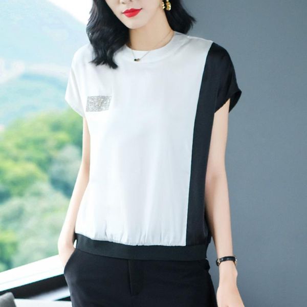 

women's blouses & shirts 2021 women clothing color contrast chiffon summer o-neck short sleeve shirt white all-match femme