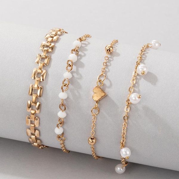 

link, chain 4pcs/sets fashion pearl stone bracelets sets for women gold color alloy metal adjustable bohemian jewelry pulseras mujer, Black