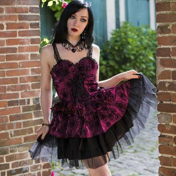 

casual dresses doury gothic velevt dress fairy grunge lace rose printed spaghetti mini party femme women harajuku vintage streetwear, Black;gray