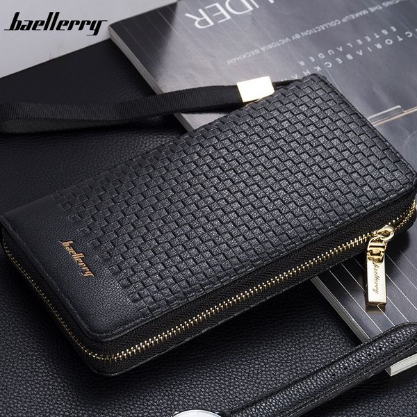 

baellerry men's long wallet business leisure woven pattern large capacity multifunctional zipper handbag, Red;black