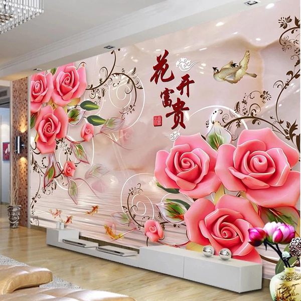 

custom 3d self adhesive wallpaper classic rose flowers jade carving mural living room tv sofa home decor background painting wallpapers