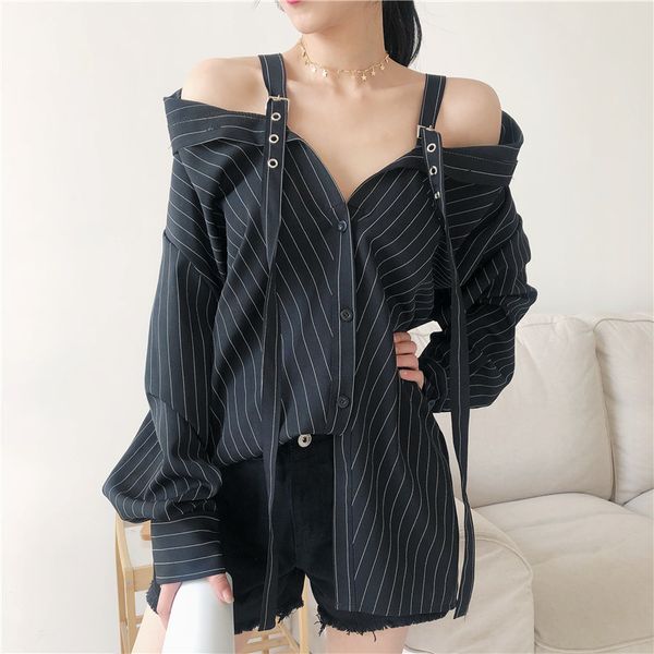

lanmrem 2021 new fashion personality black strap vertical stripe off-shoulder long sleeve shirt females blouse vestido ye22801, White