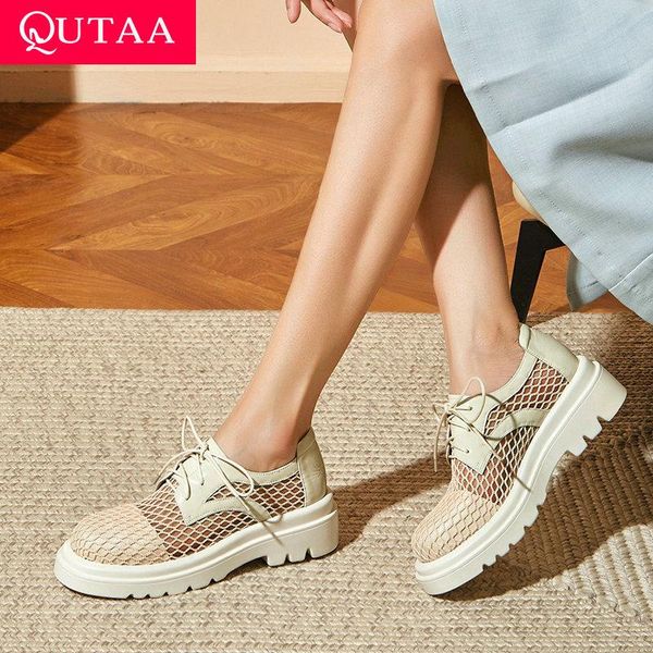 

dress shoes qutaa 2021 platform casual lace up women fashion square med heels genuine leather all match female pumps big size 34-41, Black