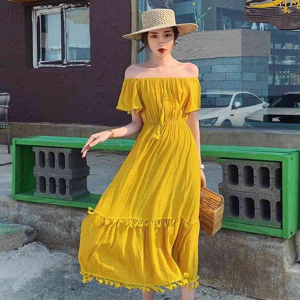 

llzacoosh off shoulder slash neck women yellow tassels big hem fashion short sleeve summer a line beach vacation dresses 210514, Black;gray