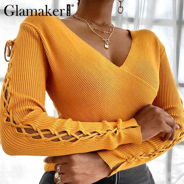 

glamaker v neck knitted orange sweater women winter autumn bodycon lace up pullover streetwear fashion new style 210414, White;black