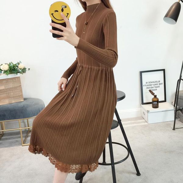 

casual dresses autumn winter women lace knitted dress turtleneck long sleeve sweater lady elegant slim up vestidos 1476, Black;gray