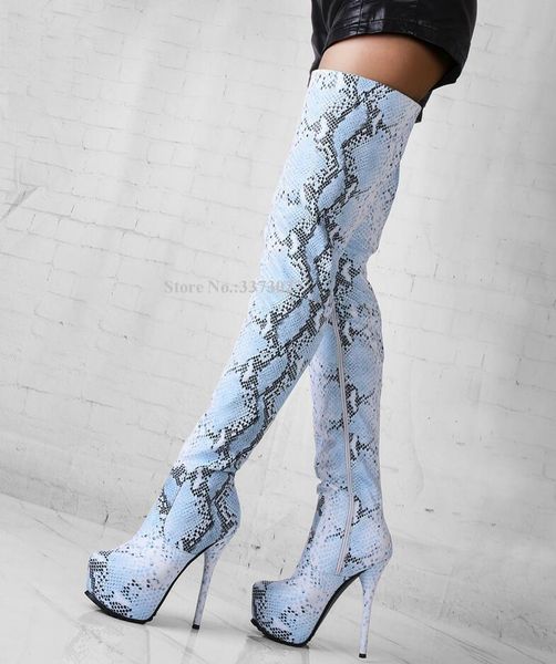 

boots blue snakeskin printed platform thigh high ladies arrival over the knee leather woman large size long, Black