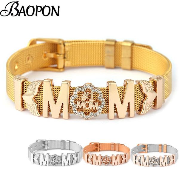 

link, chain gold color 10mm feather stainless steel mesh bracelet with i love mom charm slide beads bracelets for women mother jewelry gift, Black