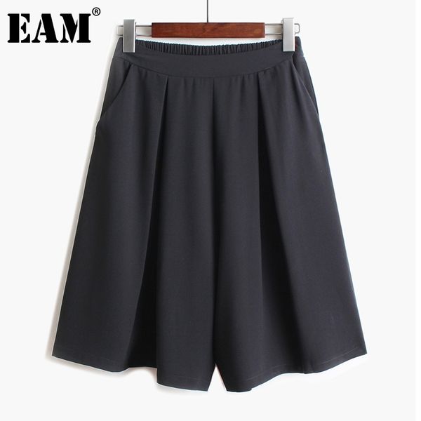 

[eam] pleated high elastic waist trousers loose fit wide leg knee length pants women fashion spring summer 1dd8204 210512, Black;white