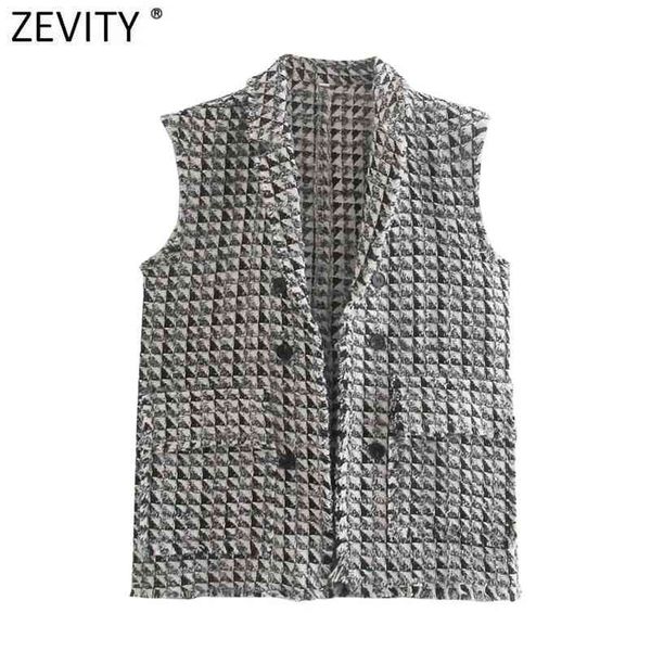 Kadınlar Vintage Houndstooth Püskül Tasarım Kolsuz Yelek Ceket Ofis Lady Yelek Cepler Dış Giyim CT685 210416