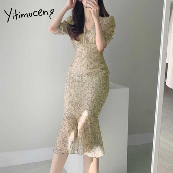 

yitimuceng vintage floral print dresses for women fashion high waist folds chiffon long dress beige navy blue summer 210601, Black;gray