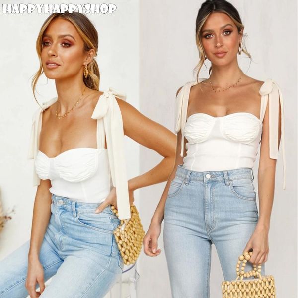 

women's tanks & camis 2021 summer women ruched bustier slim adjustable lace up crop short blouse shirts female clothes white s-xl