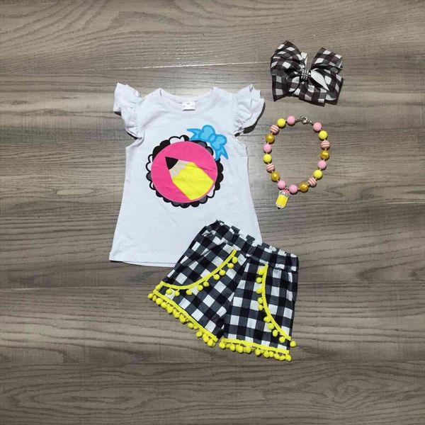

baby girls children kids clothing boutique outfits clothes back to school cotton pencil plaid shorts match accessories, White
