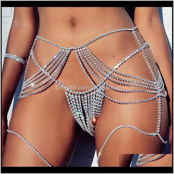 

drop delivery 2021 fashion- design multi cup crystal leg women jewelry hiphop rhinestone belly chains rock body chain t28fq, Silver
