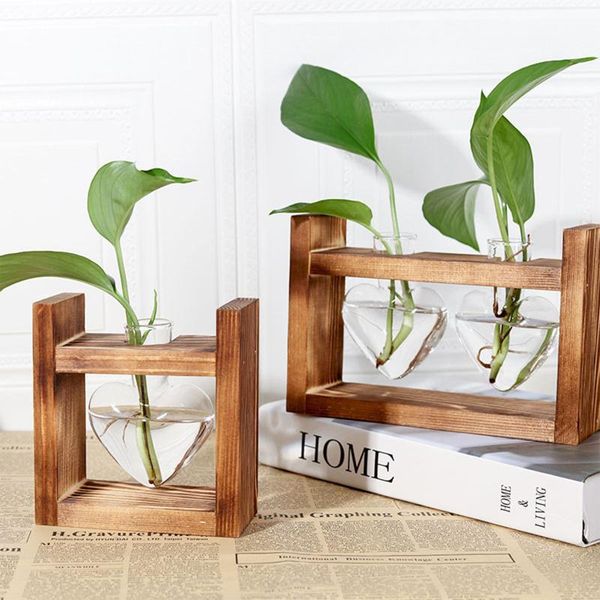 

vases creative heart-shaped transparent hydroponic green dill flower arrangement glass wood art home office desk decoration ornaments