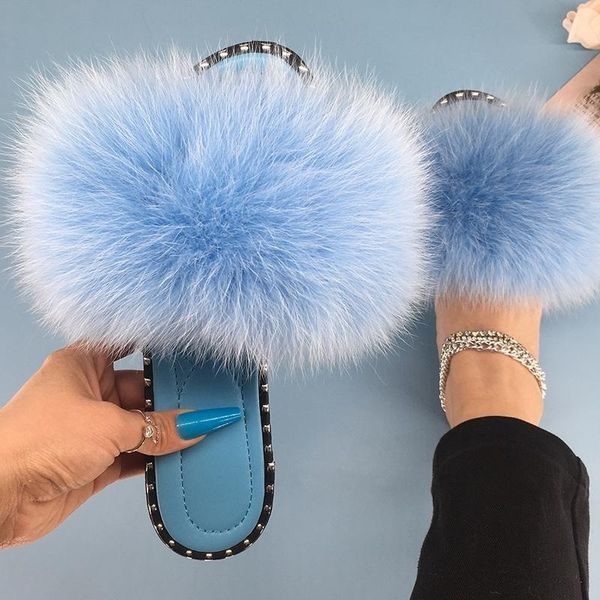 

slippers jelly summer furry slides for women sandals flip flop bling rivet ladies shoes flat square heels real fur female, Black