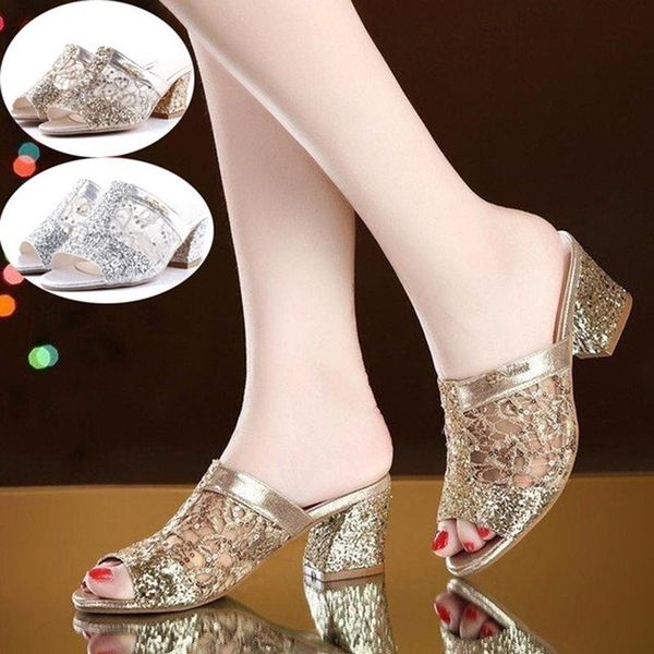 

sandals woman summer gold open toe sandal lace dress shoes womens high heels square heeled pumps ladies, Black