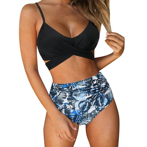 

women's swimwear fashion 2021 women leaves print bikini set push up bathing high waist swimsuit suit #1g, White;black
