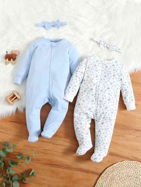 

baby 2pcs floral print zip up sleep jumpsuit with headband she, Blue