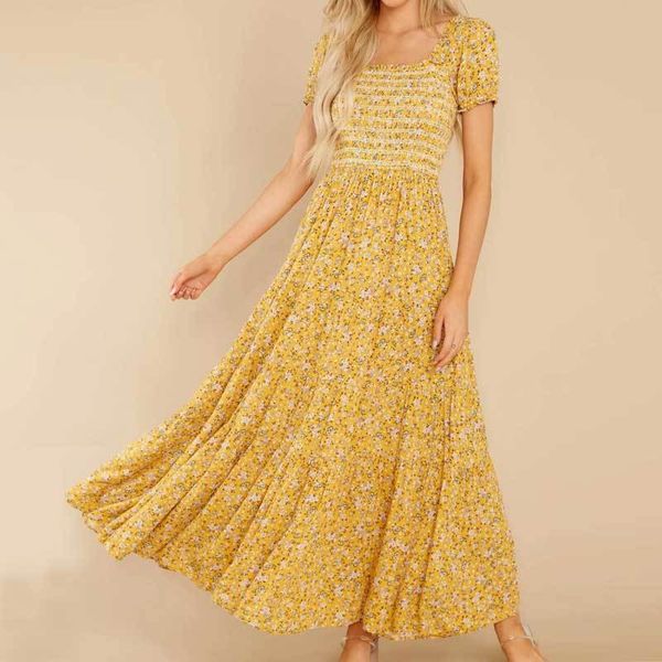 Kadınlar Için Inspired Smocked Maxi Sarı Çiçek Baskı Yaz Yeni Pamuk Sevimli Tatil Elbise 210412