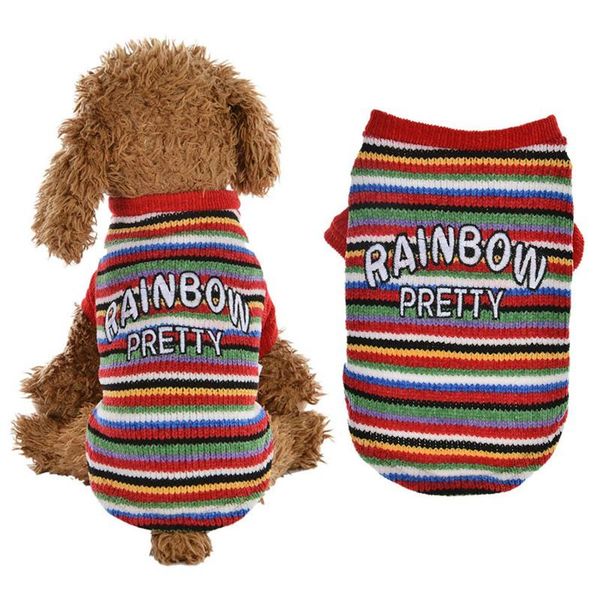 

dog apparel knitting cat clothes rainbow stripes sweater pet winter warm costume 2-legged coat jacket puppy printed shirt