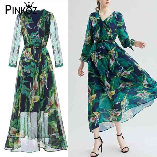 Frühling Sommer grüne Blume Blatt gedruckt hohe Taille Chiffon V-Ausschnitt Maxi-Kleid für Frauen Casual Boho Ropa Femme Robe Hiver 210421