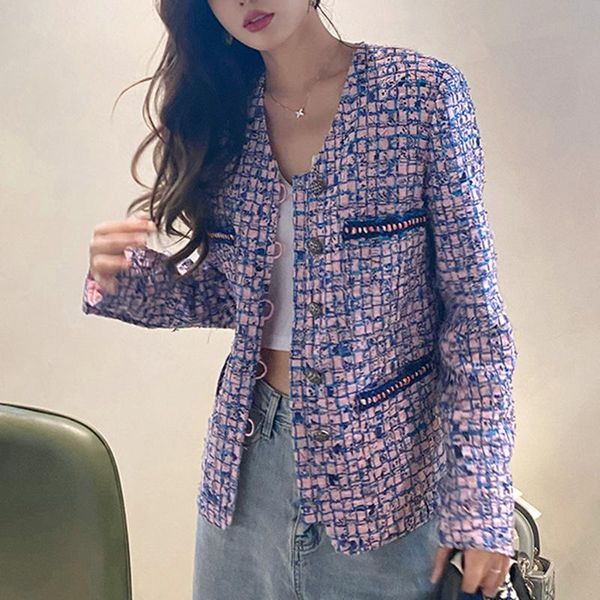 

women's jackets [ewq] korea chic autumn winter 2021 purple tweed woven plaid v-neck long sleeve coat female fashion 16e3911, Black;brown