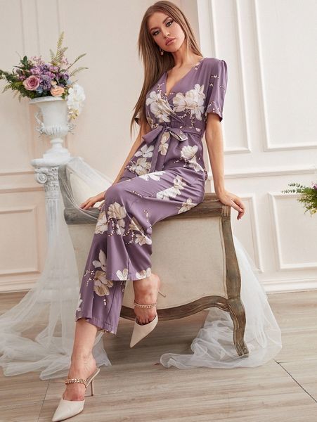 

surplice front floral belted jumpsuit 195t#, White