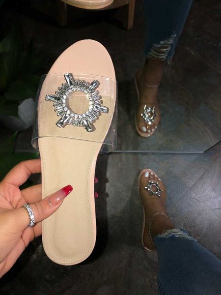 

slippers 2021 fashion transparent rhinestone flat bottom and sandals, Black
