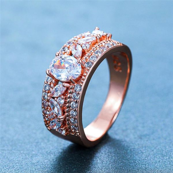 

wedding rings luxury female white crystal stone ring classic rose gold color for women promise oval leaf engagement, Slivery;golden