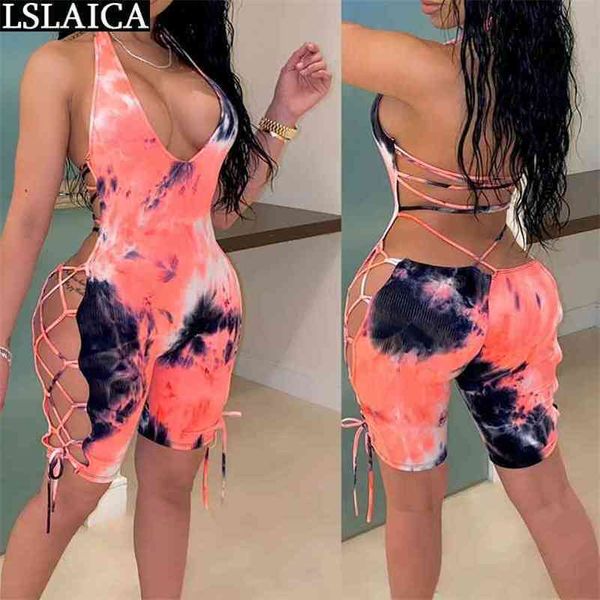 Комбинезон женщины без рукавов, выдолбленные сексуальные повязки Bodyysuit Beach Holiday Party View-Dye Rompers S Streetwear 210515